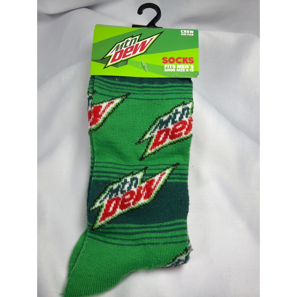 Mountain Dew Logo All Over Print Crew Socks Mens 6-12 Green Polyester Novelty